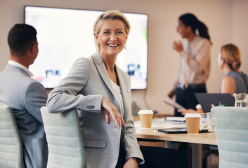 Poster - Business woman, portrait or leadership in office boardroom meeting, marketing workshop or advertising training goal. Smile, happy or mature corporate ceo in teamwork collaboration or review