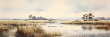 Watercolour Painting Of The Marsh Landscape, A Picturesque Wetland Environment In Soft Natural Harmonious Colours