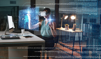Poster - Woman, hands and night with vr headset, hologram graphic or web design planning for global cybersecurity. Developer, augmented reality glasses or future cloud computing at office with holographic ui
