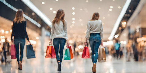 Wall Mural - Blurred background of a modern shopping mall with some shoppers. Abstract motion blurred shopping.