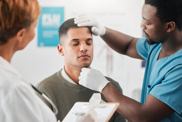Aufkleber - Doctor, nurse and patient, healthcare and assessment with people in hospital, check vitals with wellness. Medical exam, men and woman in clinic, checklist with health insurance and consultation