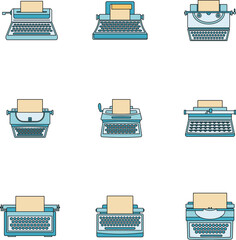 Poster - Typewriter machine keys old keyboard icons set. Outline illustration of 9 typewriter machine keys old keyboard vector icons thin line color flat on white
