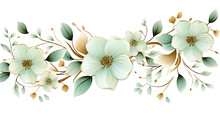 Green Blossom Flowers Swirls Gold Painted Isolated On White Background