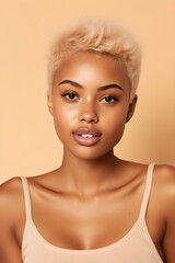 Wall Mural - Young adult happy Black woman beauty female model, pretty cool gen z African lady with short blond hair healthy face skin and nose piercing looking at camera isolated at beige background