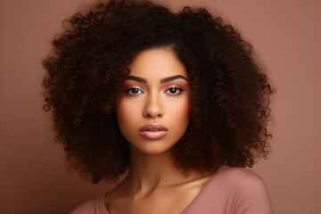 Young adult African American woman beauty female model, pretty 20s Black lady with curly hair beautiful face healthy skin looking at camera isolated at beige background. Aesthetic close up portrait