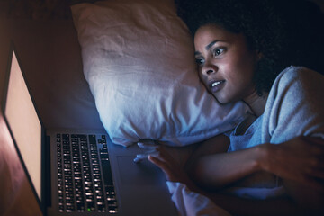 Canvas Print - Laptop, bed and woman on internet at night for website, online social media and relax in home. Bedroom, computer and person streaming movie, film and video on pc technology with insomnia in house.