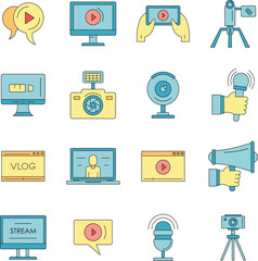 Poster - Vlog video channel logo icons set. Outline illustration of 16 vlog video channel logo vector icons thin line color flat on white