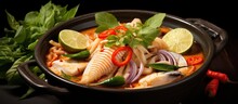 A Collection Of Thai Cuisine That Is Available In The Area Tom Yum Soup Made With Striped Snakehead Fish