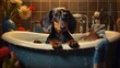 Dachshund dog having bath in a basin