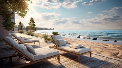 Wall Mural - Beach living on Sea view / 3d rendering