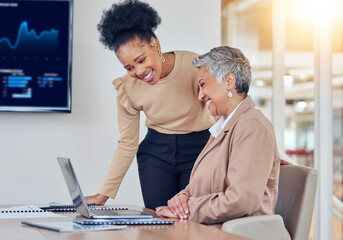 Poster - Business women, laptop and reading together for analysis, progress and success with finance, crypto or trading. Senior CEO, financial advisor and computer in office for investment, coaching or ideas
