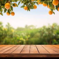 Empty wood table with free space over orange trees, orange field background. For product display montage, ai technology