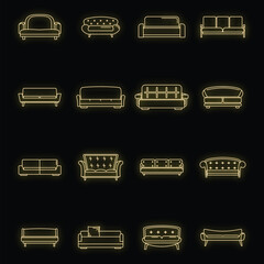 Poster - Sofa chair room couch icons set. Outline illustration of 16 sofa chair room couch vector icons neon color on black