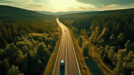 Wall Mural - Aerial view of road in beautiful green forest at sunset in spring. Colorful landscape with car on the roadway, trees in summer. Top view from drone of highway in Croatia. View from above. Travel