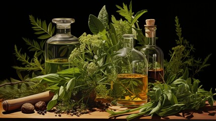 Poster - Fresh herbs and medical oil bottle