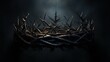 A 3D render concept of branches of thorns woven into a crown depicting the crucifixion casting a shadow of a royal crown on a dark background