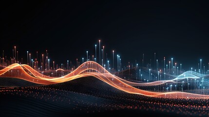 Fototapete - Futuristic digital wave with dots. Dark cyberspace. Abstract music background. Big data visualisation with particle flow. 3d rendering.