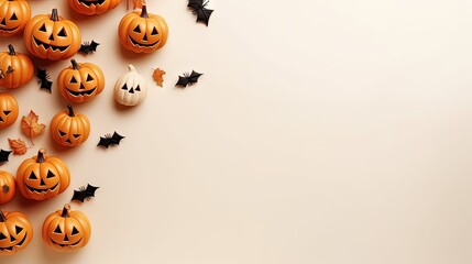 Poster - Halloween composition. Halloween decorations, pumpkins, paper ghost, spiders on pastel beige background. Halloween concept. Flat lay, top view, copy space