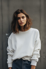 Wall Mural - white sweatshirt mockup a portrait photograph of a woman girl standing in front of an gray grey concrete industrial wall