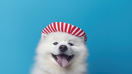 Cheerful, smiling, adorable purebred Samoyed dog in stripes hurt and red beret against blue studio background. Concept of animals, pets fashion, style, fun and humor, vet. Copy space for ad