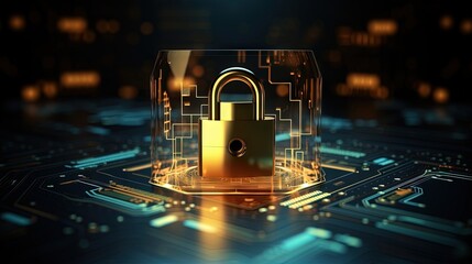 Aufkleber - User information protection and cyber security concept with digital closed padlock with keyhole inside above virtual multi levels on abstract dark technological background. 3D rendering