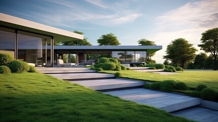 Poster - House with concrete terrace near empty grass floor. 3d rendering of green lawn in modern home.