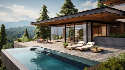 Poster - Modern building house with terrace and swimming pool with sun lounger. Beautiful mountains, forest with plants panoramic view. 3d rendering illustration exterior. Contemporary architecture design.