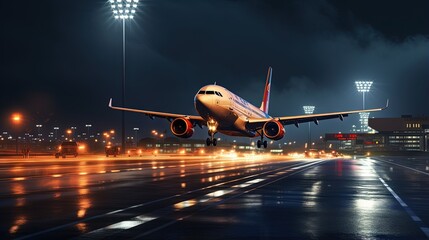 Sticker - Airplane during take off on airport runway at night against air traffic control tower. Plane in blurred motion at night.