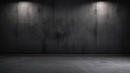 Poster - Black background with spotlight to concrete ground in studio. Dark interior background. Room with tile or cement and concrete floor.