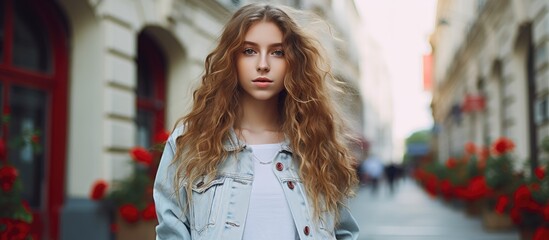 Wall Mural - In the summertime a stylish teenage girl strolls through the city wearing trendy attire a fashionable jacket and jeans