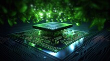 Concept Of Green Technology. Green World Icon On Circuit Board Technology Innovations. Environment Green Technology Computer Chip.Green Computing And Technology,CSR, And IT Ethics