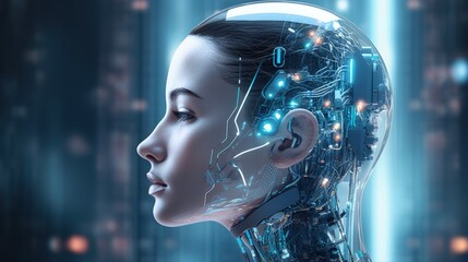 Poster - 3D Rendering of robot's head with abstract technology background. Concept for Artificial intelligence, big data analysis, deep machine learning.