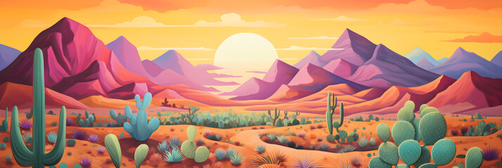 Wall Mural - simple colourful painting of the desert landscape, a cute picturesque environment in bright colours