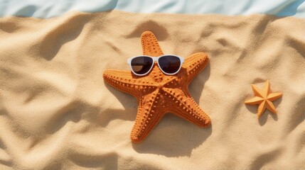 Poster - A funny brown starfish (celebrity) in sunglasses lies on a towel on the seashells and is tanning. Summer vacation, travel and tourism concept. View from above.