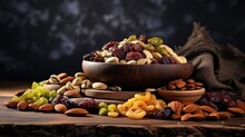 Assortment Of Dry Fruits And Nuts. Judaic Holiday Tu Bishvat. Copy Space