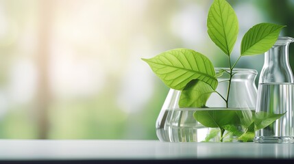 Poster - green leaf plant with glassware flask and vial in biotechnology science laboratory background