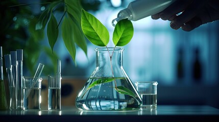 Poster - green leaf plant with glassware flask and vial in biotechnology science laboratory background