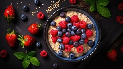 Aufkleber - Healthy Oatmeal Porridge With Summer Berries Blueberry Raspberry Strawberry In A Bowl. Clean Eating Concept