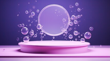 Poster - Podium with water drops or air bubbles isolated on purple background. Mock up blank abstract geometric stage, platform with soap spheres for product ad presentation cosmetics Realistic 3d illustration