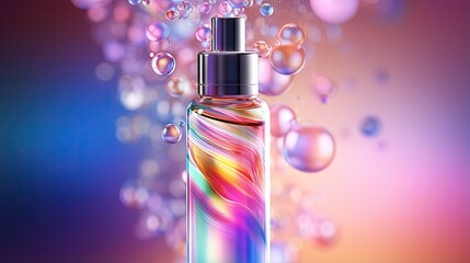 Poster - Rainbow bubbles, 3D Collagen Skin Serum and Vitamin illustration isolated on soft color background. concept skin care cosmetics solution. 3d rendering.