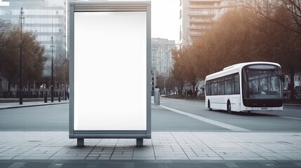 Leinwandbilder - White blank vertical billboard at the bus stop on the city street. In the background of buses and roads. Sketch. Poster on the street next to the road