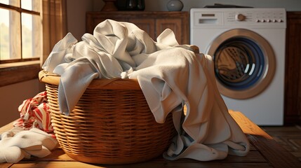 Poster - Basket with dirty clothes near washing machines in laundry room