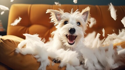 Poster - FURRY JACK RUSSELL DOG, SHEDDING HAIR DURING MOLT SEASON PLAYING ON SOFA.