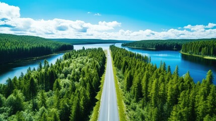 Wall Mural - Aerial view of road between green summer forest and blue lake in Finland