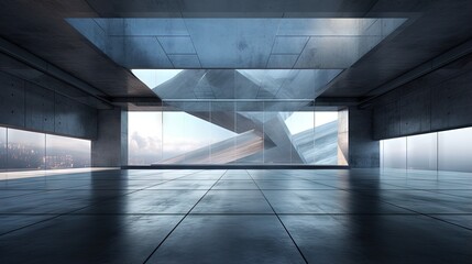 Poster - 3d render of abstract futuristic glass architecture with empty concrete floor.