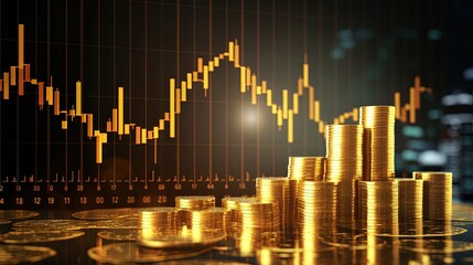 Poster - Investment growth concept with price of gold on gold market graph background: Candle stick graph chart for investment trading to grow in the active high trend and low trend.