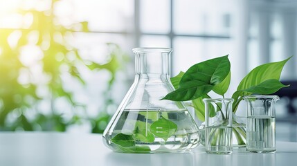 Poster - green leaf plant with glassware flask and vial in biotechnology science laboratory background