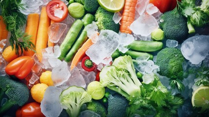 Poster - Assortment of frozen vegetables on ice. Stocks of food. Top view. Free space for your text.