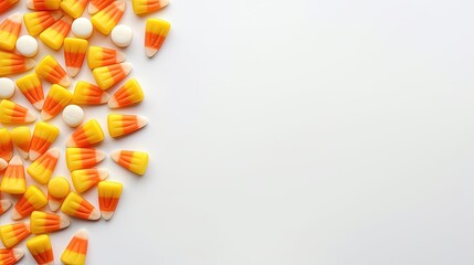 Poster - Halloween candy corn on white texture background.Classic white, orange and yellow candy corn sweets for Halloween with.copy space.Halloween holiday concept with candy corn and jack o lantern.