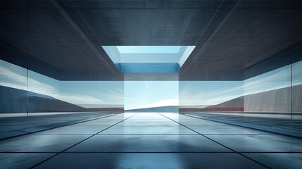 Poster - 3d render of abstract futuristic glass architecture with empty concrete floor.